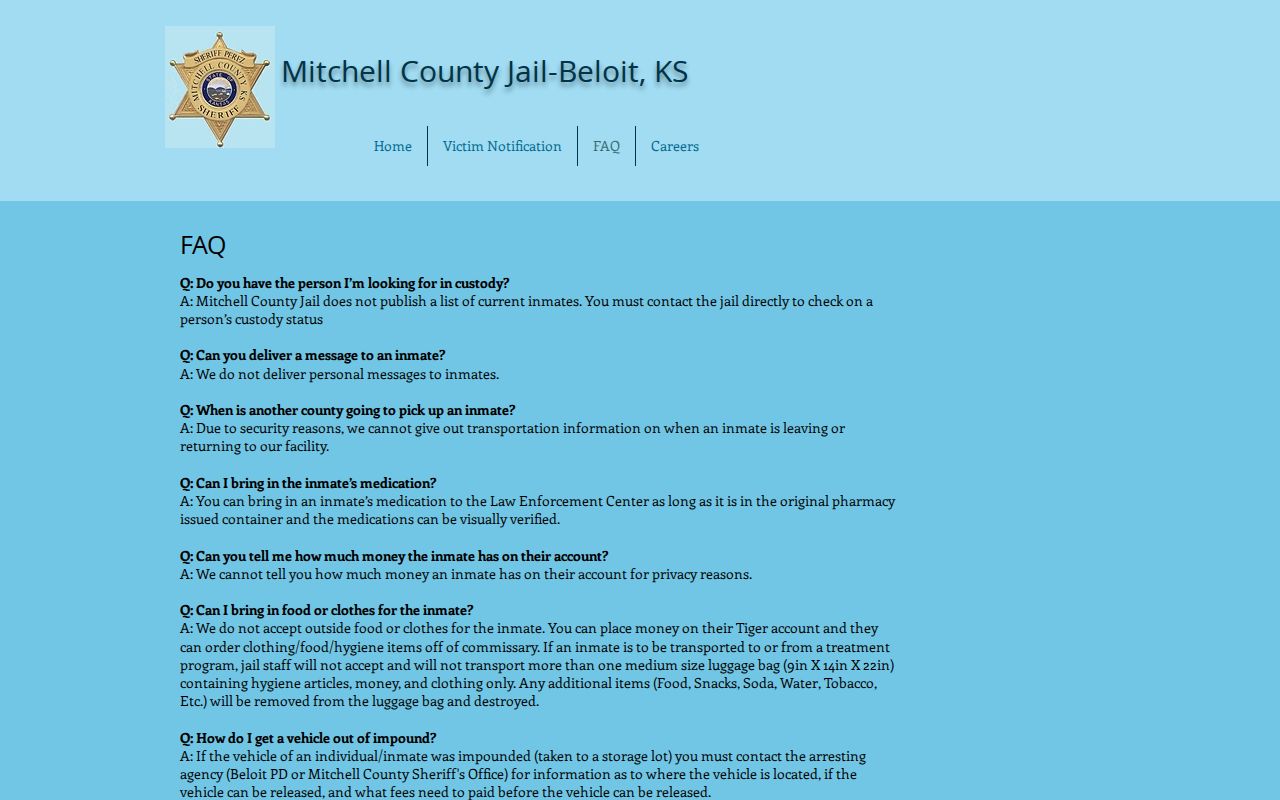 Mitchell County Jail FAQ explaining the no-list and telephone policy